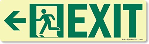 SmartSign - S-5582-GS-4.5x14 "Exit" Label with Left Arrow | 4.5" x 14" Glow-in-the-Dark Laminated Vinyl Exit - Left Arrow - color: Exit - Left Arrow