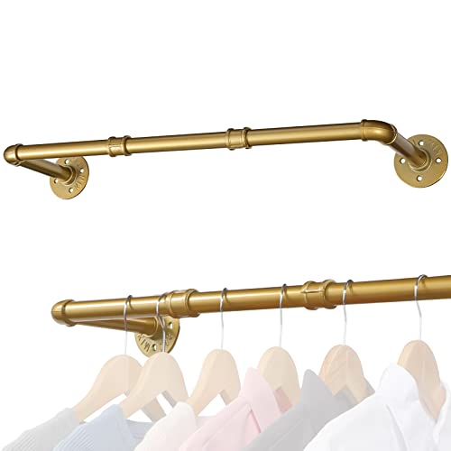 Industrial Pipe Gold Clothing Rack, 30 Inch Wall Mounted Golden Clothes Rack, Industrial Pipe Clothes Hanger Rack, Iron Golden Pipe Clothes Hanging Bar, Heavy Duty Metal Rod for Retail Display Laundry - color: Gold