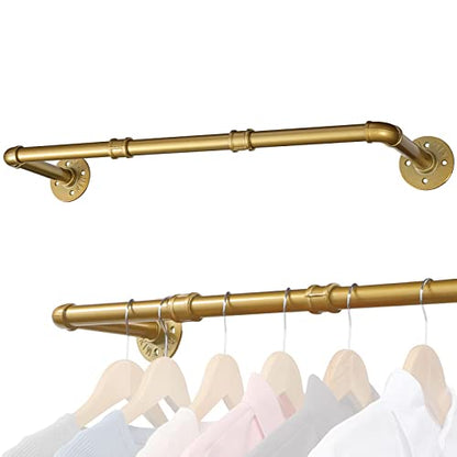 Industrial Pipe Gold Clothing Rack, 30 Inch Wall Mounted Golden Clothes Rack, Industrial Pipe Clothes Hanger Rack, Iron Golden Pipe Clothes Hanging Bar, Heavy Duty Metal Rod for Retail Display Laundry - color: Gold
