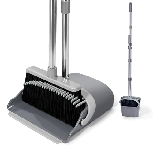 YZO Broom and Dustpan Set, 54.33 Inch Long Handle Standing Design, Dustpan Front Rubber Tight Seal, Broom with 5 Layer Bristles, Suitable for Bedroom, Yard, Office and Apartment(Gray&Black) - color: Gray&black