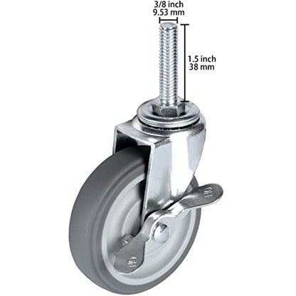 Finnhomy Caster Wheels 3 Inch Set of 4 Heavy Duty Threaded Stem Casters 3/8"-16x1-1/2 Swivel Rubber Industrial Castors Locking Wheels for Wire Shelving/Furniture/Carts Load Bearing 720 Lbs Gray - size: 3/8" -16 x 1-1/2" (with Brake)