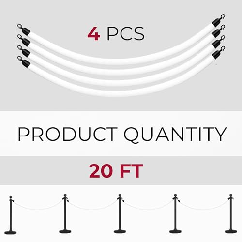 4PCS White Velvet Rope 5FT – Soft Ropes for VIP Barrier Event Stanchion Velvet Rope Set with Black Snap Ends for Crowd Control and Stanchions - color: White + Black