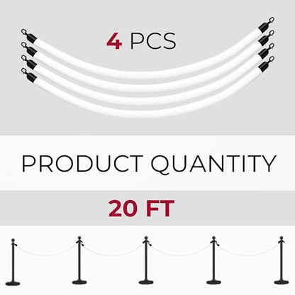 4PCS White Velvet Rope 5FT – Soft Ropes for VIP Barrier Event Stanchion Velvet Rope Set with Black Snap Ends for Crowd Control and Stanchions - color: White + Black