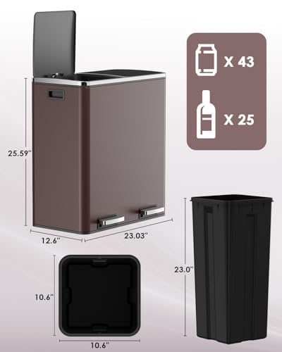 60L(16 Gal) Dual Trash Can, Stainless Steel Kitchen Garbage Can, Double Compartment Classified Rubbish Bin, Recycle Dustbin w/Plastic Inner Buckets, Handle, Soft-Close Lid, Airtight, Brown - color: Brown