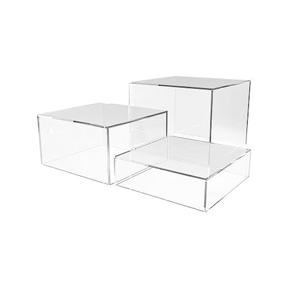 Marketing Holders 3 Piece Acrylic Display Riser Boxes Clear Retail Product Riser with Hollow Bottom No Lid 2", 4", 6" High Nesting Bins One Open Side Merchandise Storage Box - size: Set of 3 Clear