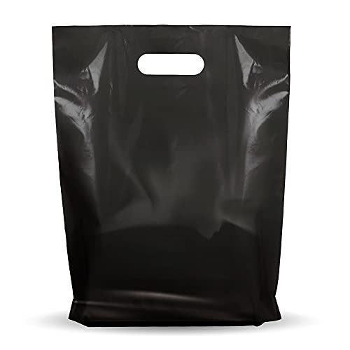 12x15 Black Plastic Bags, Glossy, Die-Cut Handles, 1.25 Mil, 1000 Pack
