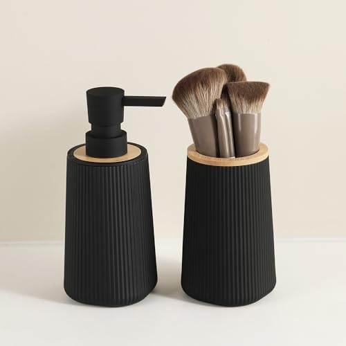 YAUKPH Bathroom Soap Dispenser and Toothbrush Holder Striped Black Bamboo - color: Striped Black and Bamboo