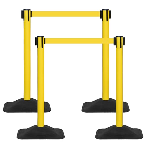ECOSlGNS 4 Pack Heavy Duty Crowd Control Stanchions for Banks, Events, Retail with 10ft Retractable Belt, Non-Slip Weighted Rubber Base (Yellow) - color: Yellow, size: Rectangle Base - 4 Pack
