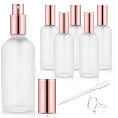 6 Pack 3.4 Oz Glass Spray Bottles,Empty Perfume Frosted Glass Fine Mist Atomizer,Refillable Small Travel Containers for Cleaning Products,Essential Oils,Body Sprays-Rose-Golden Sprayer