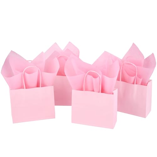 DjinnGlory 24 Pack Mini Tiny Small Pink Paper Gift Bags with Handles 6x5x2.5 Inch and 24 Tissue Paper for Wedding Baby Shower Princess Birthday Party Favors Goodies - color: Pink