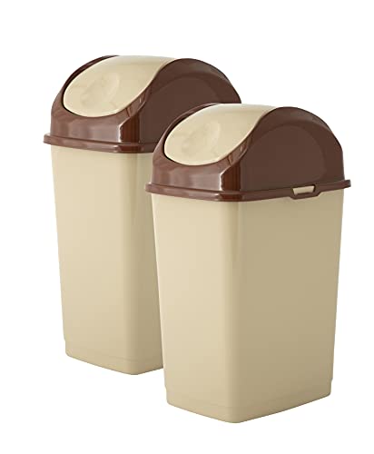 Superio Kitchen Trash Can with Swing Top Lid 9 Gallon Slim Waste Bin 37 Qt Sturdy Plastic Garbage Can Medium Recycling Bin for Office, Bathroom, Under Counter, Dorm, Bedroom (Beige/Brown-2 Pack) - size: 9 Gallon, style: 2 Pack