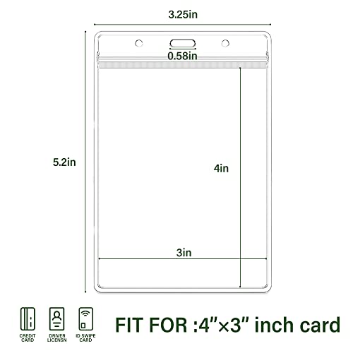 50 Pcs Vertical Clear ID Badge Holders, 4x3 Inch Waterproof PVC Plastic Badge Holders with Resealable Zip, Fits RFID/Proximity/Badge Swipe Cards, Credit Cards, Office, School, Events