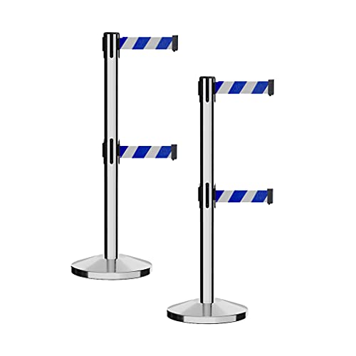 Crowd Control Warehouse Retractable Dual Belt Stanchion Barriers, Set of 2 - color: Blue and White Diagonal, size: 7.5 Foot