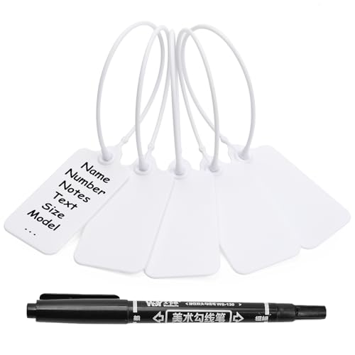 50 White Blank Plastic Tags for Labeling Waterproof Hanging Labels Writable Tags Seal Plastic Marking Label for Clothes Bags Keys Inventory with One Marker Pen - color: White, size: 50 PCS