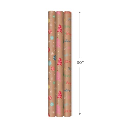 Hallmark Christmas Wrapping Paper Rolls, Brown Kraft Holiday Gift Wrap (Pack of 3: 90 sq. ft. ttl) Snowflakes, Pink Trees, "All Kinds of Merry"