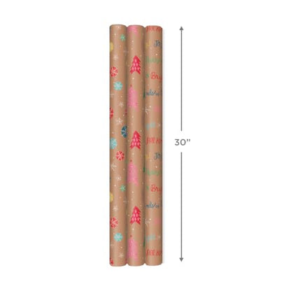 Hallmark Christmas Wrapping Paper Rolls, Brown Kraft Holiday Gift Wrap (Pack of 3: 90 sq. ft. ttl) Snowflakes, Pink Trees, "All Kinds of Merry"