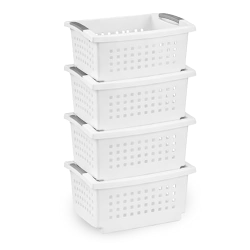Sterilite Small Stacking Basket Plastic Storage Organizer, White, 4-Pack - size: 4 Pack, style: Small