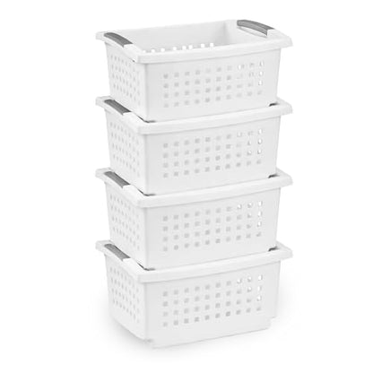 Sterilite Small Stacking Basket Plastic Storage Organizer, White, 4-Pack - size: 4 Pack, style: Small