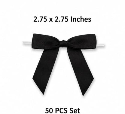 50 Pcs Black Satin Ribbon Twist Tie Bows, 2.75 Inch Pre-Tied Mini Bows with Wire for Gift Wrapping, Gift Bags & DIY Crafts - color: Black
