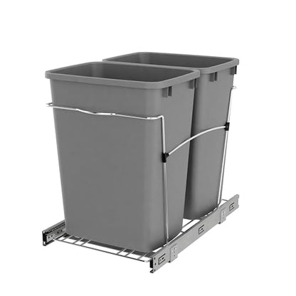 Rev-A-Shelf Double Pullout Garbage Trash Cans for Kitchen Cabinets, 35 Qt - color: Metallic Silver