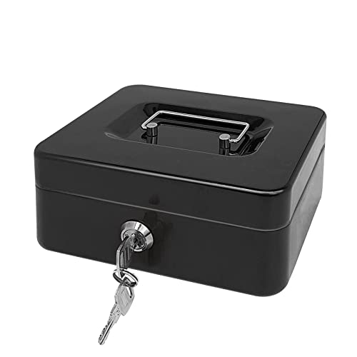 Steel Cash Box with Key Lock, Metal Small Money Organizer with Money Tray,Cash Storage Box with Lockable Cover (Black - 8 inch) - color: Black - 7.8" x 6.3" x 3.3"