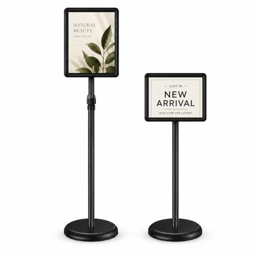 Sign Holder Stand Display: 8.5×11 Inch Adjustable Standing Signage Stand with Snap Frame for Malls Schools Restaurants (2 pack)