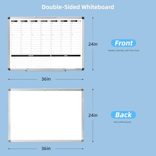 Large Weekly Dry Erase Board, Weekly Planner whiteboard with Hourly time Slots, Whiteboard Weekly Calendar for Schedule for wall 36" X 24" Double-Sided for Office, Home and School - size: 36"W x 24"H