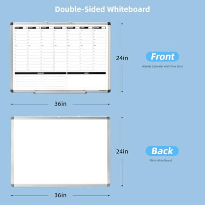 Large Weekly Dry Erase Board, Weekly Planner whiteboard with Hourly time Slots, Whiteboard Weekly Calendar for Schedule for wall 36" X 24" Double-Sided for Office, Home and School - size: 36"W x 24"H