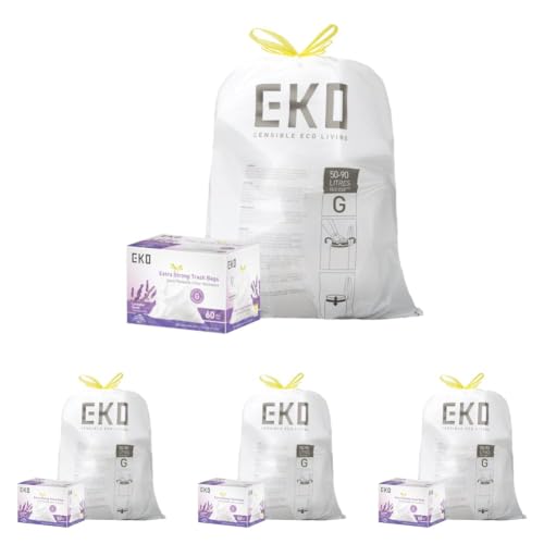 EKO 21 Gallon / 50-90 Liter, Drawstring Trash Bags, Extra-Strong Garbage Bags,Lavender Scent with Continuous Odor Control, Easy-Dispense Roll -Kitchen&Household Use,CodeG, White 60 Count (Pack of 4) - size: 60 Count (Pack of 4), style: 21 Gallon Bags/Code