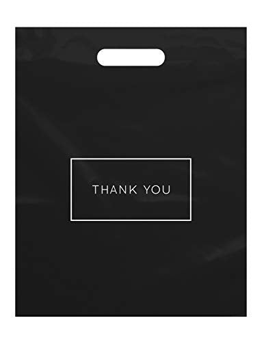 Purple Q Crafts 100 Pack Black Die Cut Thank You Plastic Shopping Bags, 12" x 15" Retail Bags - color: Black