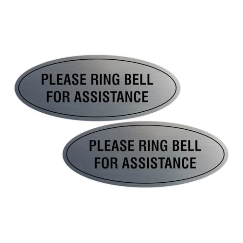 Signs ByLITA Oval Please Ring Bell For Assistance Sign (Brushed Silver) - Small (2 Pack) - color: Brushed Silver, size: 2 x 5" - Small (2 Pack)