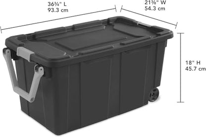 Sufeasdf Wheeled Industrial Tote 40 Gallon/151 Liter Black Lid & Base w/Racer Red Handle & Latches