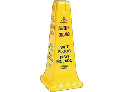 Rubbermaid Commercial Products Heavy-Duty Multilingual Caution/Warning Wet Floor Safety Cone for Restaurant/Grocery Store/Office/Facility/High-Traffic Area, Tall/Durable, 25", Yellow
