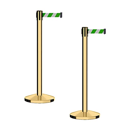 CCW Series RBB-100 - Set of 2 Stanchion Retractable Belt Barriers (7.5 Foot Belt, Green and White Diagonal Belt with Polished Brass Post) - color: Green and white diagonal, size: 7.5 Foot