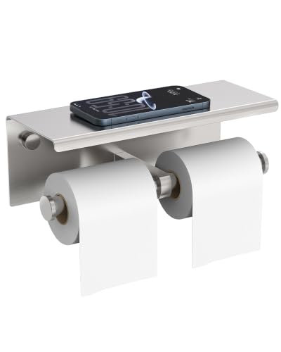 Double Toilet Paper Holder with Shelf Brushed Nickel Tissue Roll Holder - color: Brushed Nickel
