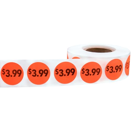 Fluorescent Red 3.99 Circle Dot Stickers, 3/4 Inch Round Price Labels, 500 Total Adhesive Stickers on a Roll for Retail Pricing, Inventory, Sales, and Promotions – Made in The USA - color: $3.99