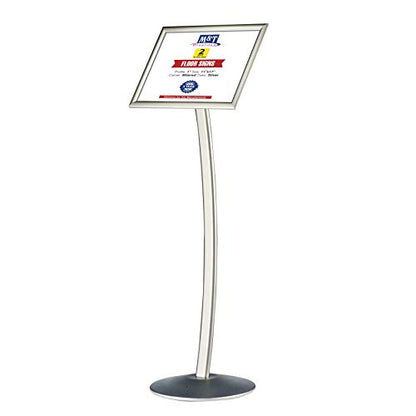 M&T Displays Curved Menu Board, 11x17 inches Silver Pedestal Sign Holder Floor Standing Aluminum Front Loading Easy Open Poster Message Advertisement Holder for Restaurant Cafe Hotel (2-Pack)
