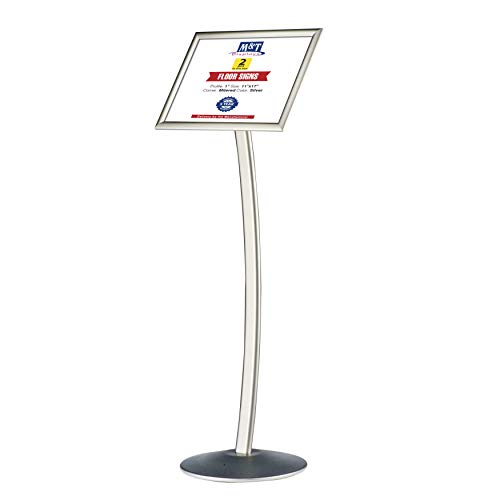 M&T Displays Curved Menu Board, 11x17 inches Silver Pedestal Sign Holder Floor Standing Aluminum Front Loading Easy Open Poster Message Advertisement Holder for Restaurant Cafe Hotel (2-Pack)