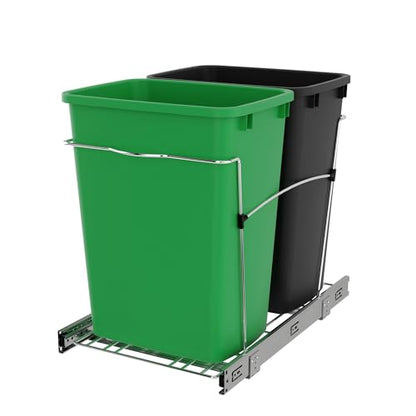 Rev-A-Shelf Double Pullout Garbage Trash Cans for Kitchen Cabinets, 35 Qt - color: Black & Green