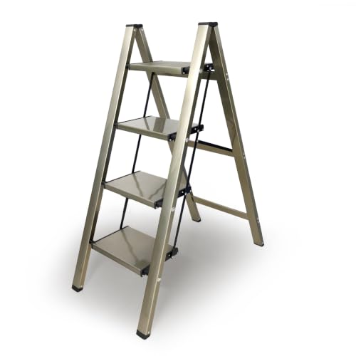 HISMOCAL 4 Step Ladder, Folding Step Stool, 330 lb Aluminum with Wide Steps - color: Golden, size: 4 Step