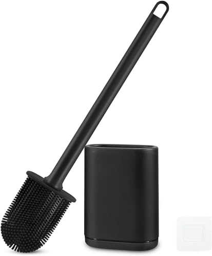 Silicone Toilet Brush and Holder, Wall Mounted No Rust Problem Black - color: Black