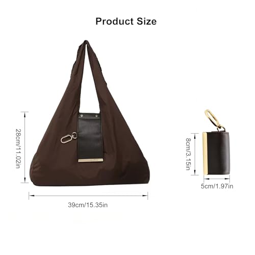 Foldable Nylon Tote Bag w/Keychain Lightweight Reusable Shopping Bag - color: Brown