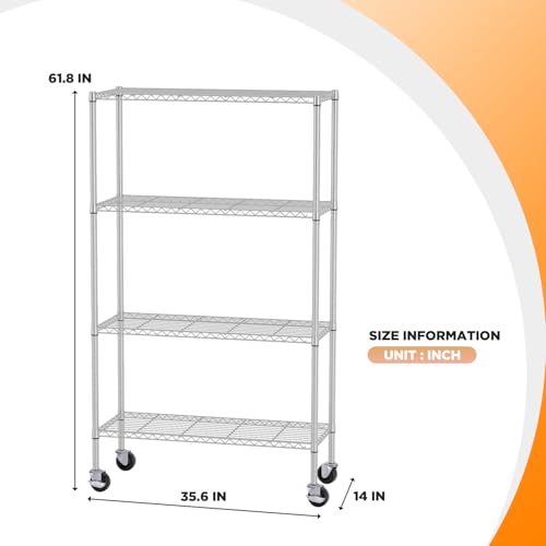 FDW | 4-Tier Wire Shelf with Wheels | 36" x 14" x 62" | Chrome - color: Chrome, size: 4-Shelf With Wheels
