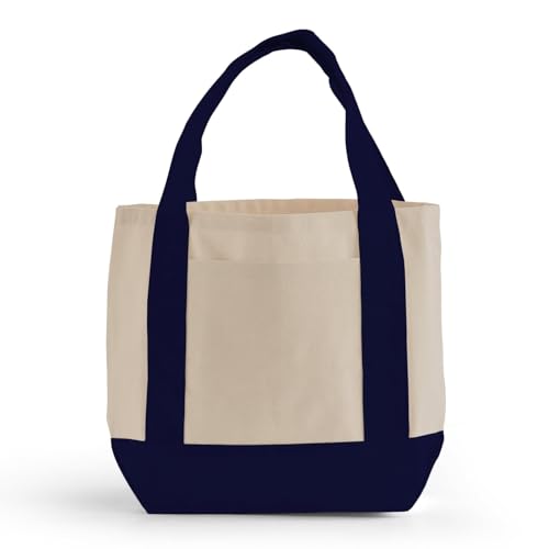 TBF 12 Pack Mini Iconic Canvas Shopping Bags with Gusset – Reusable Eco-Friendly Tote Bags with Handles - color: Navy