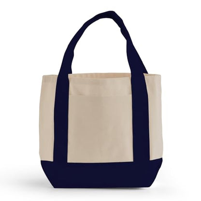TBF 12 Pack Mini Iconic Canvas Shopping Bags with Gusset – Reusable Eco-Friendly Tote Bags with Handles - color: Navy