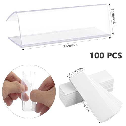 100 Pcs Plastic Label Holder with 100 Pcs Label Inserts, 3" L x1" H Clear Plastic Shelf Label Holder, Shelf Sign and Ticket Holder, Clips On to Shelves 5/8" to 3/4" Thick