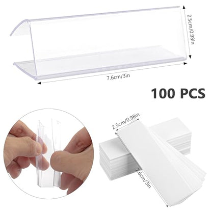 100 Pcs Plastic Label Holder with 100 Pcs Label Inserts, 3" L x1" H Clear Plastic Shelf Label Holder, Shelf Sign and Ticket Holder, Clips On to Shelves 5/8" to 3/4" Thick