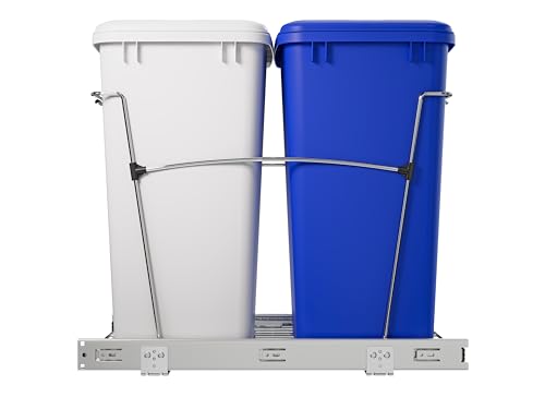 Rev-A-Shelf Double Pullout Garbage Trash Cans for Kitchen Cabinets, 35 Qt - color: White & Blue