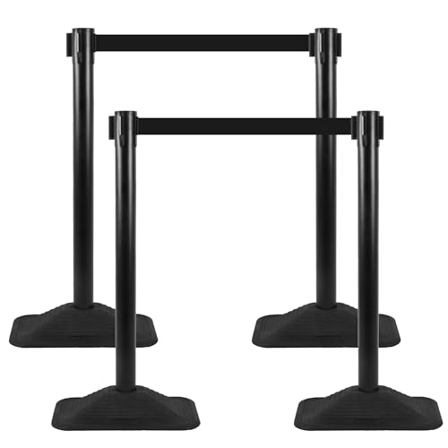 ECOSlGNS 4 Pack Heavy Duty Crowd Control Stanchions for Banks, Events, Retail w/ 10ft Retractable Belt, Non-Slip Weighted Rubber Base (Black) - color: Black, size: Rectangle Base - 4 Pack