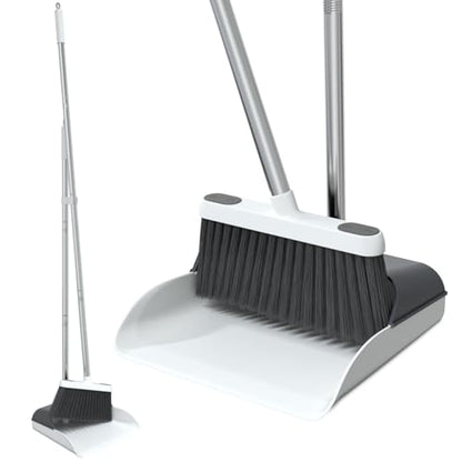 Stand Up Dustpan and Broom Set 50” Long Handle Broom with Dust Pan, 20° Angled for Ergonomic Home Office Indoor Sweeping - color: Gray